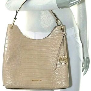 Michael Kors, NWT Joan, large embossed, croc.  leather, shoulder bag in buff
